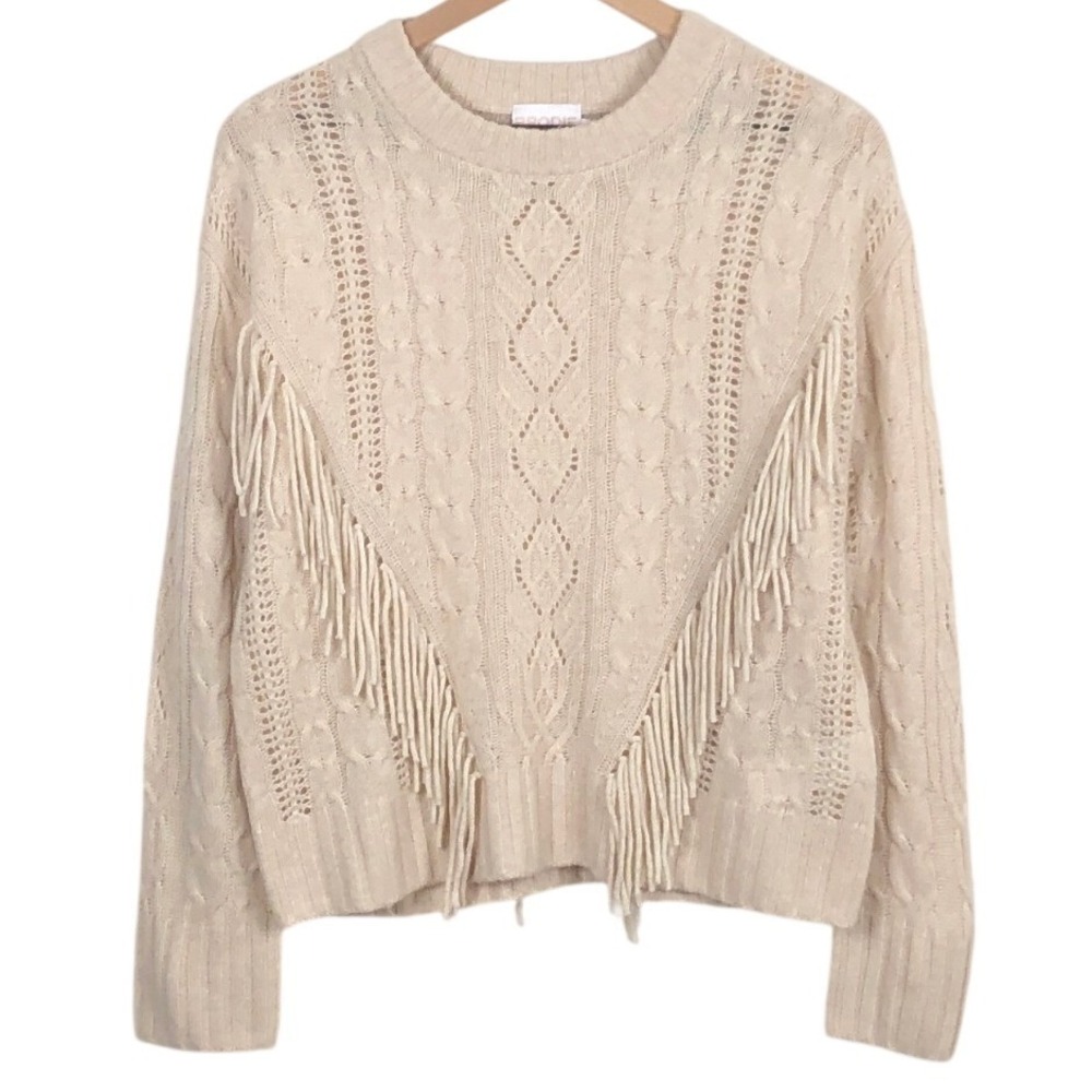 BRODIE Pure Cashmere Fringe Cable Knit Sweater Women's M Cream Beige